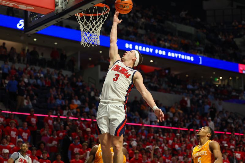 Mar 5, 2025; Oxford, Mississippi, USA; Mississippi Rebels guard Sean Pedulla (3) shoots the ball against the Tennessee Volunteers during the second half at The Sandy and John Black Pavilion at Ole Miss. Mandatory Credit: Wesley Hale-Imagn Images