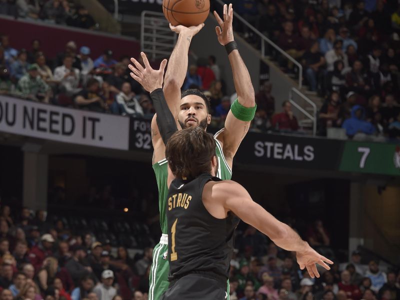 CLEVELAND, OH - FEBRUARY 4: Jayson Tatum #0 of the Boston Celtics shoots the ball during the game against the Cleveland Cavaliers on February 4, 2025 at Rocket Mortgage FieldHouse in Cleveland, Ohio. NOTE TO USER: User expressly acknowledges and agrees that, by downloading and/or using this Photograph, user is consenting to the terms and conditions of the Getty Images License Agreement. Mandatory Copyright Notice: Copyright 2025 NBAE (Photo by David Liam Kyle/NBAE via Getty Images)