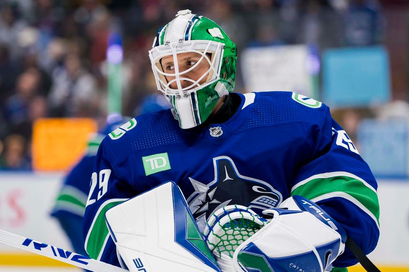 Nov 30, 2023; Vancouver, British Columbia, CAN; Vancouver Canucks goalie Casey DeSmith (29) skates during warm up prior to a game against the Vegas Golden Knights at Rogers Arena. Mandatory Credit: Bob Frid-USA TODAY Sports