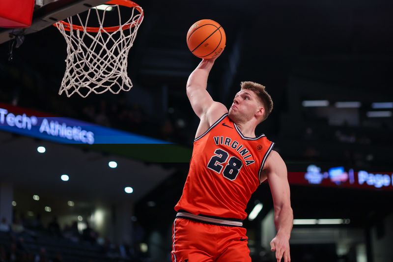 Feb 18, 2026; Atlanta, Georgia, USA; Virginia Cavaliers forward Thijs de Ridder (28) dunks against the Georgia Tech Yellow Jackets in the first half at McCamish Pavilion. Mandatory Credit: Brett Davis-Imagn Images