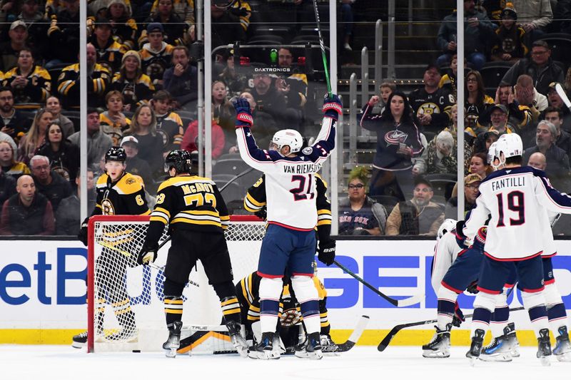 Nov 18, 2024; Boston, Massachusetts, USA;  Columbus Blue Jackets left wing James van Riemsdyk (21) reacts after scoring a goal during the first period against the Boston Bruins at TD Garden. Mandatory Credit: Bob DeChiara-Imagn Images