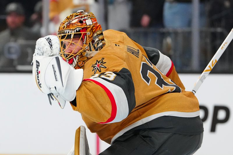 Mar 26, 2026; Las Vegas, Nevada, USA;Vegas Golden Knights goaltender Adin Hill (33) warms up before a game against the Edmonton Oilers at T-Mobile Arena. Mandatory Credit: Stephen R. Sylvanie-Imagn Images