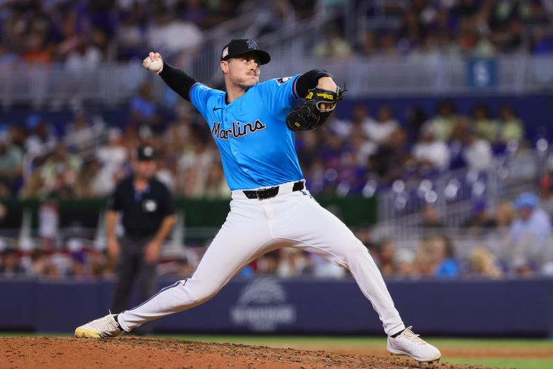 Jul 21, 2024; Miami, Florida, USA; Miami Marlins relief pitcher Calvin Faucher (53) delivers a pitch against the New York Mets during the eighth inning at loanDepot Park. Mandatory Credit: Sam Navarro-USA TODAY Sports