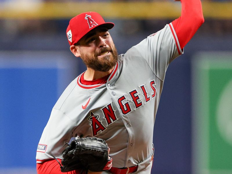 Apr 15, 2024; St. Petersburg, Florida, USA;  Los Angeles Angels pitcher Matt Moore throws a pitch against the Tampa Bay Rays in the eighth inning during Jackie Robinson day at Tropicana Field. Mandatory Credit: Nathan Ray Seebeck-USA TODAY Sports