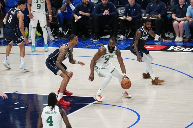 DALLAS, TX - JUNE 12: Jaylen Brown #7 of the Boston Celtics handles the ball during the game against the Dallas Mavericks during Game Three of the 2024 NBA Finals on June 12, 2024 at the American Airlines Center in Dallas, Texas. NOTE TO USER: User expressly acknowledges and agrees that, by downloading and or using this photograph, User is consenting to the terms and conditions of the Getty Images License Agreement. Mandatory Copyright Notice: Copyright 2024 NBAE (Photo by Glenn James/NBAE via Getty Images)