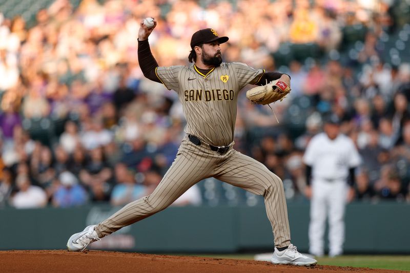 Apr 24, 2024; Denver, Colorado, USA; San Diego Padres starting pitcher Matt Waldron (61) pitches in the first inning against the Colorado Rockies at Coors Field. Mandatory Credit: Isaiah J. Downing-USA TODAY Sports