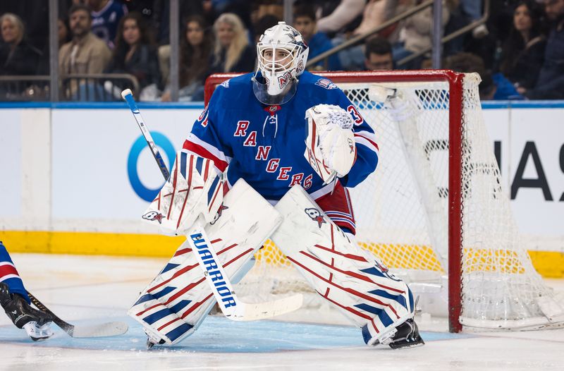 Apr 5, 2026; New York, New York, USA; New York Rangers goalie Igor Shesterkin (31) defends the net against the Washington Capitals during the second period at Madison Square Garden. Mandatory Credit: Danny Wild-Imagn Images Apr 5, 2026; New York, New York, USA; New York Rangers goalie Igor Shesterkin (31) defends the net against the Washington Capitals during the second period at Madison Square Garden. Mandatory Credit: Danny Wild-Imagn Images