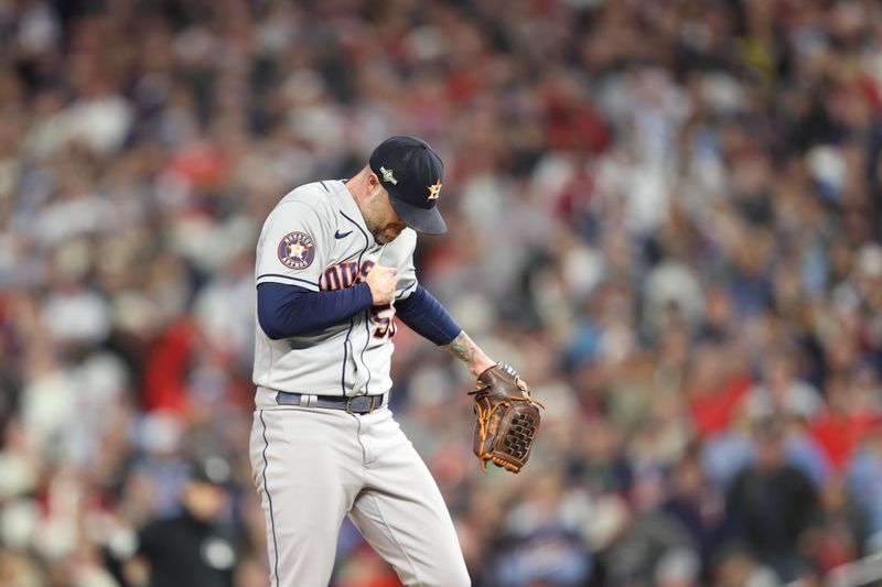 Oct 11, 2023; Minneapolis, Minnesota, USA; Houston Astros relief pitcher Ryan Pressly (55) celebrates defeating the Minnesota Twins during game four of the ALDS for the 2023 MLB playoffs at Target Field. Mandatory Credit: Jesse Johnson-USA TODAY Sports