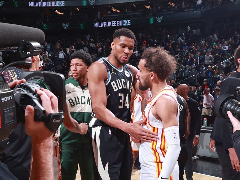 LAS VEGAS, NV - DECEMBER 14: Giannis Antetokounmpo #34 of the Milwaukee Bucks greets Trae Young #11 of the Atlanta Hawks after the game during the Emirates NBA Cup Semifinal game on December 14, 2024 at T-Mobile Arena in Las Vegas, Nevada. NOTE TO USER: User expressly acknowledges and agrees that, by downloading and/or using this Photograph, user is consenting to the terms and conditions of the Getty Images License Agreement. Mandatory Copyright Notice: Copyright 2024 NBAE (Photo by Nathaniel S. Butler/NBAE via Getty Images)