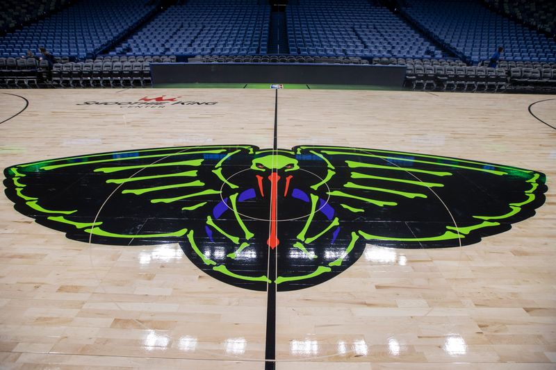 NEW ORLEANS, LA - JANUARY 19: An overall view of the New Orleans Pelicans City Edition Court before the game against the Phoenix Suns in New Orleans, Louisiana at Smoothie King Center on January 19, 2024. NOTE TO USER: User expressly acknowledges and agrees that, by downloading and or using this Photograph, user is consenting to the terms and conditions of the Getty Images License Agreement. Mandatory Copyright Notice: Copyright 2023 NBAE (Photo by Layne Murdoch Jr./NBAE via Getty Images)