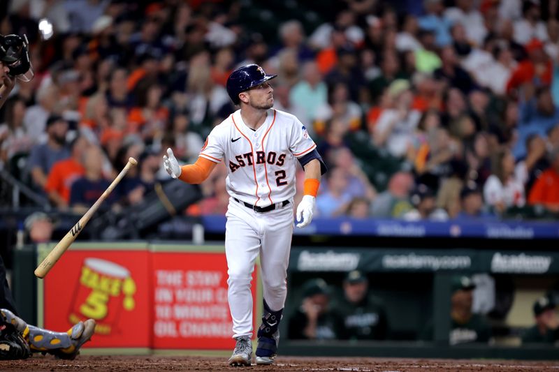 Sep 13, 2023; Houston, Texas, USA; Houston Astros third baseman Alex Bregman (2) reacts after after hitting a home run to left field against the Oakland Athletics during the third inning at Minute Maid Park. Mandatory Credit: Erik Williams-USA TODAY Sports