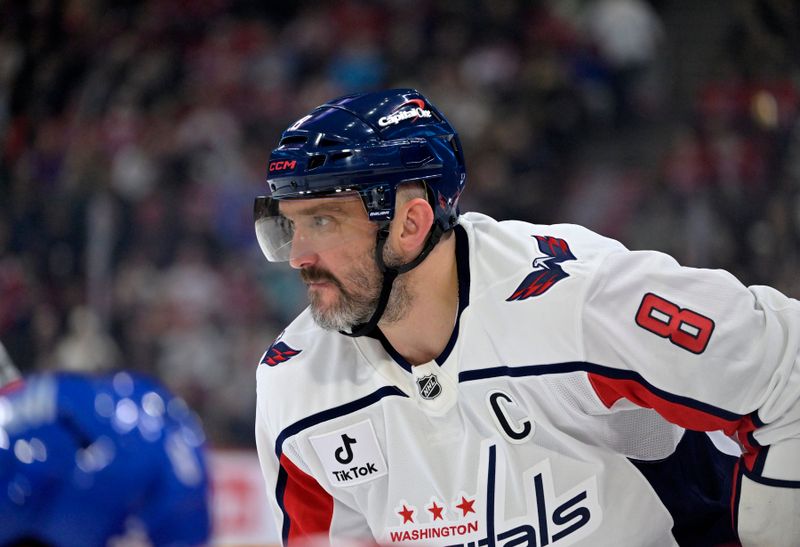 Nov 20, 2025; Montreal, Quebec, CAN; Washington Capitals forward Alex Ovechkin (8) prepares for a face off against the Montreal Canadiens during the second period at the Bell Centre. Mandatory Credit: Eric Bolte-Imagn Images