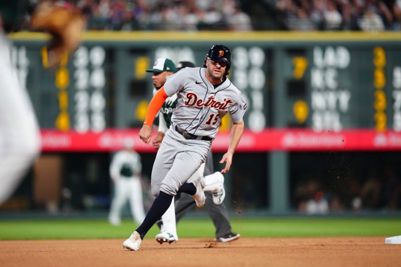 Jul 1, 2023; Denver, Colorado, USA; Detroit Tigers right fielder Jake Marisnick (15) runs the bases for a score in the seventh inning against the Colorado Rockies at Coors Field. Mandatory Credit: Ron Chenoy-USA TODAY Sports