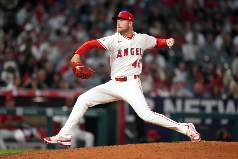 May 28, 2025; Anaheim, California, USA; Los Angeles Angels relief pitcher Reid Detmers (48) throws in the eighth inning against the New York Yankees at Angel Stadium. Mandatory Credit: Kirby Lee-Imagn Images