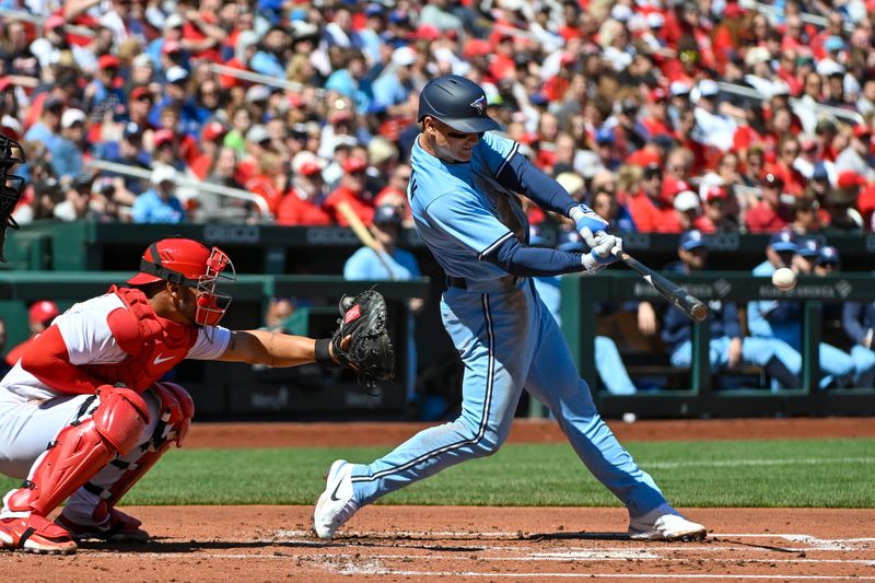 Apr 2, 2023; St. Louis, Missouri, USA;  Toronto Blue Jays third baseman Matt Chapman (26) hits a one run double against the St. Louis Cardinals during the second inning at Busch Stadium. Mandatory Credit: Jeff Curry-USA TODAY Sports