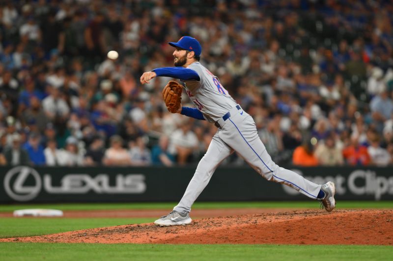 Aug 10, 2024; Seattle, Washington, USA; New York Mets relief pitcher Danny Young (81) pitches to the Seattle Mariners during the eighth inning at T-Mobile Park. Mandatory Credit: Steven Bisig-USA TODAY Sports