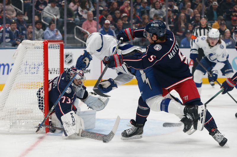 Oct 18, 2025; Columbus, Ohio, USA; Columbus Blue Jackets goalie Jet Greaves (73) makes a save against the Tampa Bay Lightning during the first period at Nationwide Arena. Mandatory Credit: Russell LaBounty-Imagn Images