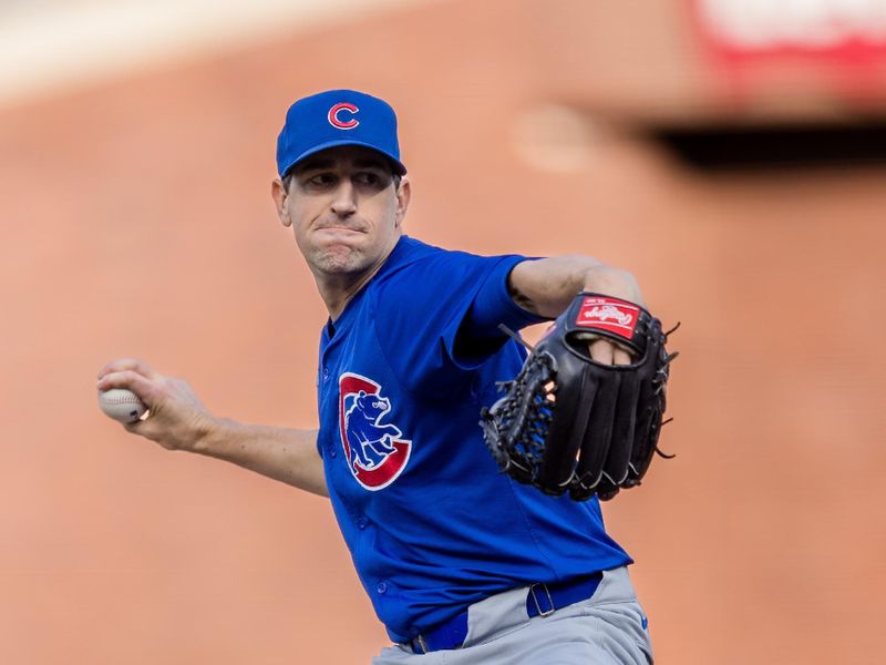 Jun 25, 2024; San Francisco, California, USA; Chicago Cubs starting pitcher Kyle Hendricks (28) pitches against the San Francisco Giants during the first inning at Oracle Park. Mandatory Credit: John Hefti-USA TODAY Sports