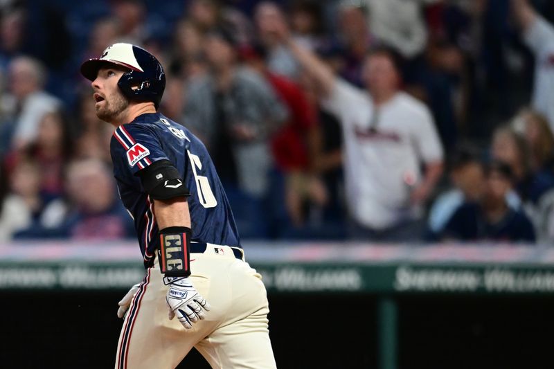 May 31, 2024; Cleveland, Ohio, USA; Cleveland Guardians catcher David Fry (6) watches his three run home run during the seventh inning against the Washington Nationals at Progressive Field. Mandatory Credit: Ken Blaze-USA TODAY Sports