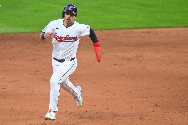 Apr 13, 2024; Cleveland, Ohio, USA; Cleveland Guardians left fielder Steven Kwan (38) runs the bases in the sixth inning against the New York Yankees at Progressive Field. Mandatory Credit: David Richard-USA TODAY Sports