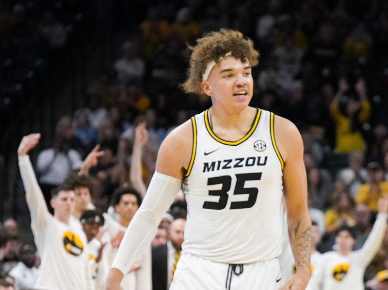 Jan 6, 2024; Columbia, Missouri, USA; Missouri Tigers forward Noah Carter (35) celebrates against the Georgia Bulldogs after making a three point basket during the first half at Mizzou Arena. Mandatory Credit: Denny Medley-USA TODAY Sports