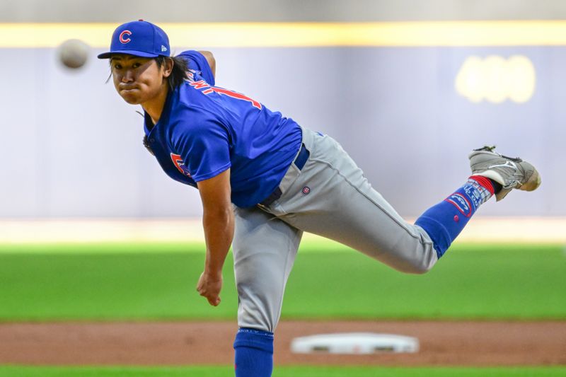 May 29, 2024; Milwaukee, Wisconsin, USA; Chicago Cubs starting pitcher Shota Imanaga (18) pitches in the first inning against the Milwaukee Brewers at American Family Field. Mandatory Credit: Benny Sieu-USA TODAY Sports