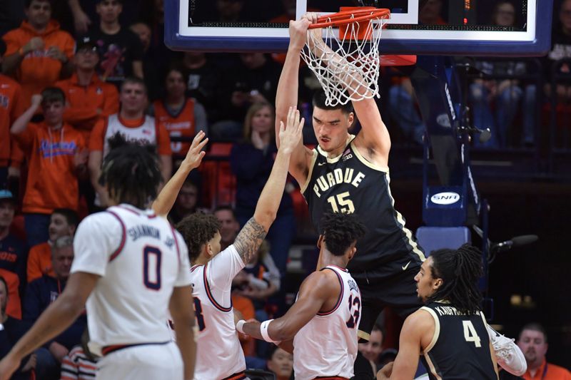 Mar 5, 2024; Champaign, Illinois, USA; Purdue Boilermakers center Zach Edey (15) dunks the ball during the first half against the Illinois Fighting Illini at State Farm Center. Mandatory Credit: Ron Johnson-USA TODAY Sports