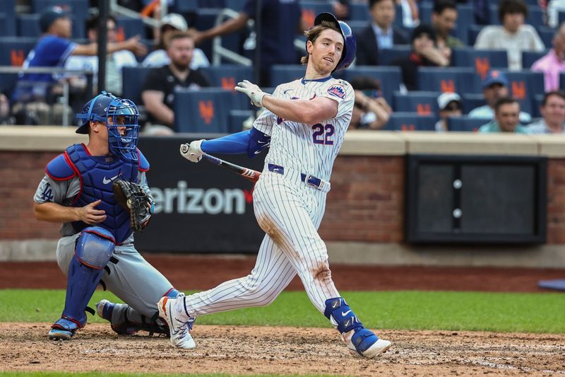 May 29, 2024; New York City, New York, USA;  New York Mets third baseman Brett Baty (22) strikes out with two runners on base to end the sixth inning against the Los Angeles Dodgers at Citi Field. Mandatory Credit: Wendell Cruz-USA TODAY Sports