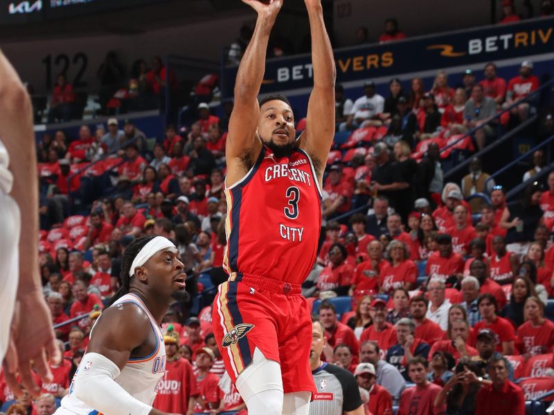 NEW ORLEANS, LA - APRIL 27: CJ McCollum #3 of the New Orleans Pelicans shoots the ball during the game against the Oklahoma City Thunder during Round 1 Game 3 of the 2024 NBA Playoffs on April 27, 2024 at the Smoothie King Center in New Orleans, Louisiana. NOTE TO USER: User expressly acknowledges and agrees that, by downloading and or using this Photograph, user is consenting to the terms and conditions of the Getty Images License Agreement. Mandatory Copyright Notice: Copyright 2024 NBAE (Photo by Layne Murdoch Jr./NBAE via Getty Images)