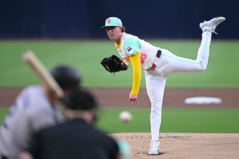 Sep 12, 2025; San Diego, California, USA; San Diego Padres starting pitcher JP Sears (38) delivers during the first inning against the Colorado Rockies at Petco Park. Mandatory Credit: Denis Poroy-Imagn Images