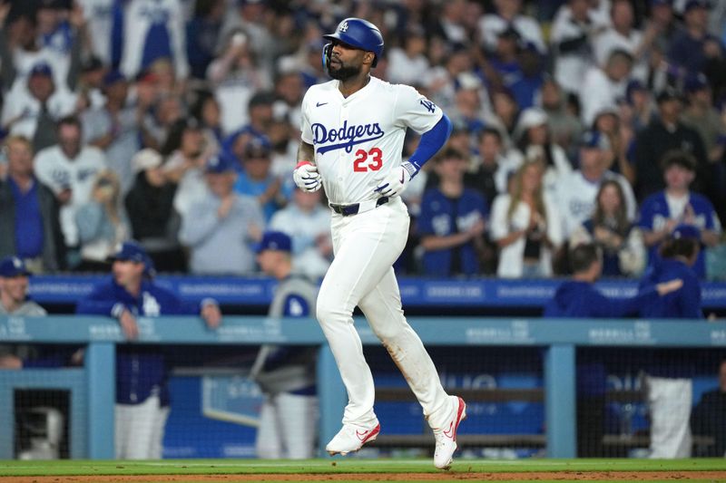 Jun 11, 2024; Los Angeles, California, USA; Los Angeles Dodgers right fielder Jason Heyward (23) runs the bases after hitting a two-run home run in the sixth inning against the Texas Rangers at Dodger Stadium. Mandatory Credit: Kirby Lee-USA TODAY Sports