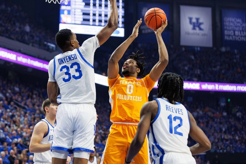 Feb 3, 2024; Lexington, Kentucky, USA; Tennessee Volunteers forward Jonas Aidoo (0) goes to the basket during the first half against the Kentucky Wildcats at Rupp Arena at Central Bank Center. Mandatory Credit: Jordan Prather-USA TODAY Sports