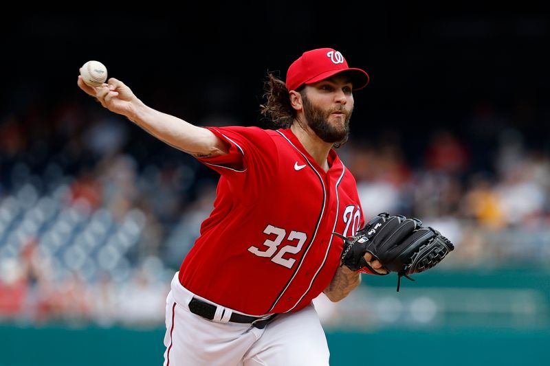 Aug 13, 2023; Washington, District of Columbia, USA; Washington Nationals starting pitcher Trevor Williams (32) pitches against the Oakland Athletics during the first inning at Nationals Park. Mandatory Credit: Geoff Burke-USA TODAY Sports