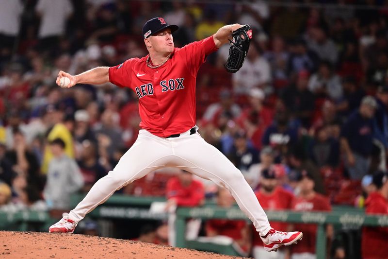 Jun 14, 2024; Boston, Massachusetts, USA; Boston Red Sox pitcher Chase Anderson (48) pitches against the New York Yankees during the ninth inning at Fenway Park. Mandatory Credit: Eric Canha-USA TODAY Sports