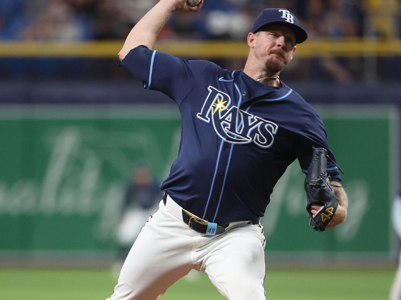 Jun 24, 2024; St. Petersburg, Florida, USA;  Tampa Bay Rays pitcher Chris Devenski (48) throws a pitch against the Seattle Mariners during the seventh inning at Tropicana Field. Mandatory Credit: Kim Klement Neitzel-USA TODAY Sports