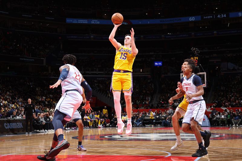 WASHINGTON, DC -? JANUARY 30:   Austin Reaves #15 of the Los Angeles Lakers shoots the ball during the game against the Washington Wizards on January 30, 2025 at Capital One Arena in Washington, DC. NOTE TO USER: User expressly acknowledges and agrees that, by downloading and or using this Photograph, user is consenting to the terms and conditions of the Getty Images License Agreement. Mandatory Copyright Notice: Copyright 2025 NBAE (Photo by Stephen Gosling/NBAE via Getty Images)