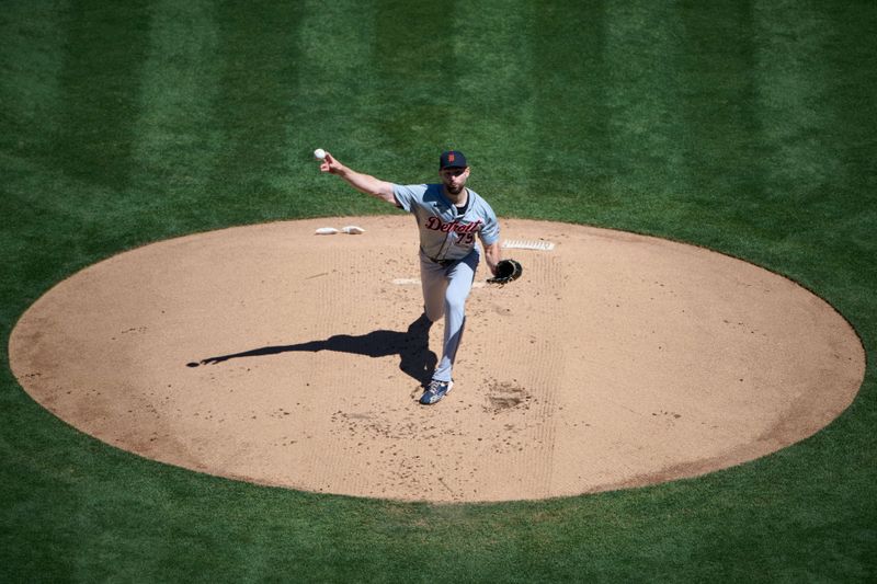 Sep 7, 2024; Oakland, California, USA; Detroit Tigers starting pitcher Brenan Hanifee (75) throws a pitch against the Oakland Athletics during the first inning at Oakland-Alameda County Coliseum. Mandatory Credit: Robert Edwards-Imagn Images