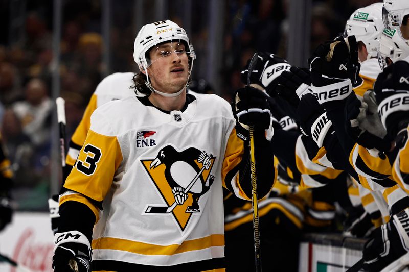 Nov 29, 2024; Boston, Massachusetts, USA; Pittsburgh Penguins center Philip Tomasino (53) is congratulated at the bench after scoring against the Boston Bruins during the third period at TD Garden. Mandatory Credit: Winslow Townson-Imagn Images