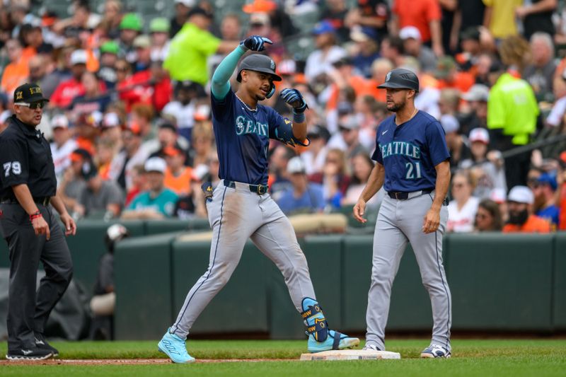 May 19, 2024; Baltimore, Maryland, USA; Seattle Mariners outfielder Julio Rodríguez (44) reacts after hits a single during the sixth inning against the Baltimore Orioles at Oriole Park at Camden Yards. Mandatory Credit: Reggie Hildred-USA TODAY Sports