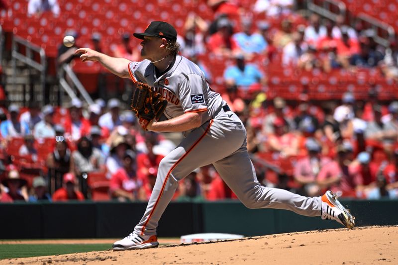 Jun 23, 2024; St. Louis, Missouri, USA; San Francisco Giants starting pitcher Logan Webb (62) pitches against the St. Louis Cardinals in the first inning at Busch Stadium. Mandatory Credit: Joe Puetz-USA TODAY Sports