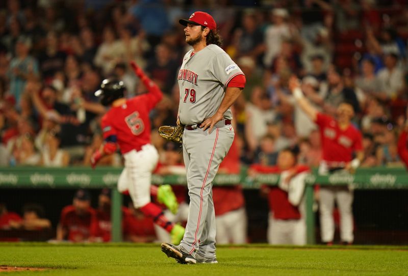 Jun 1, 2023; Boston, Massachusetts, USA; Boston Red Sox shortstop Enrique Hernandez (5) hits a home run against Cincinnati Reds relief pitcher Ian Gibaut (79) in the seventh inning at Fenway Park. Mandatory Credit: David Butler II-USA TODAY Sports