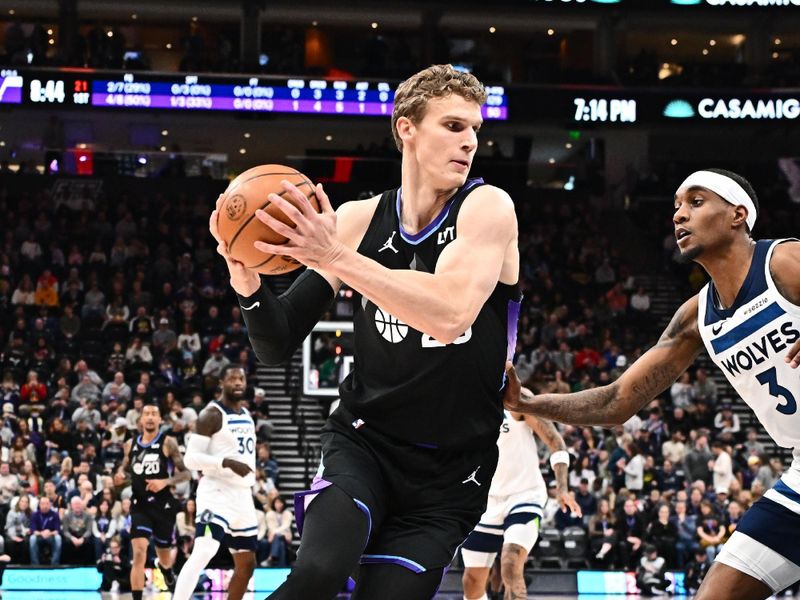 SALT LAKE CITY, UT - JANUARY 30:  Lauri Markkanen #23 of the Utah Jazz drives to the basket during the game against the Minnesota Timberwolves on January 30, 2025 at Delta Center in Salt Lake City, Utah. NOTE TO USER: User expressly acknowledges and agrees that, by downloading and or using this Photograph, User is consenting to the terms and conditions of the Getty Images License Agreement. Mandatory Copyright Notice: Copyright 2025 NBAE (Photo by Melissa Majchrzak/NBAE via Getty Images)