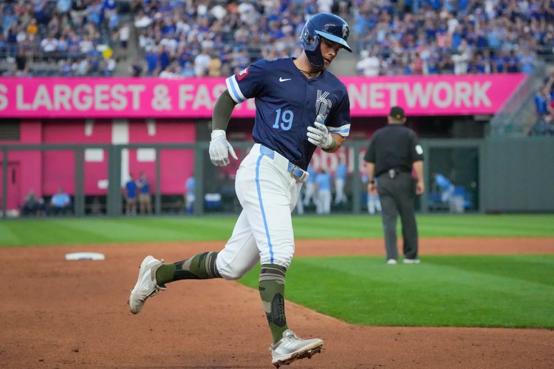May 17, 2024; Kansas City, Missouri, USA; Kansas City Royals second baseman Michael Massey (19) runs the bases after hitting a two-run home run against the Oakland Athletics in the sixth inning at Kauffman Stadium. Mandatory Credit: Denny Medley-USA TODAY Sports