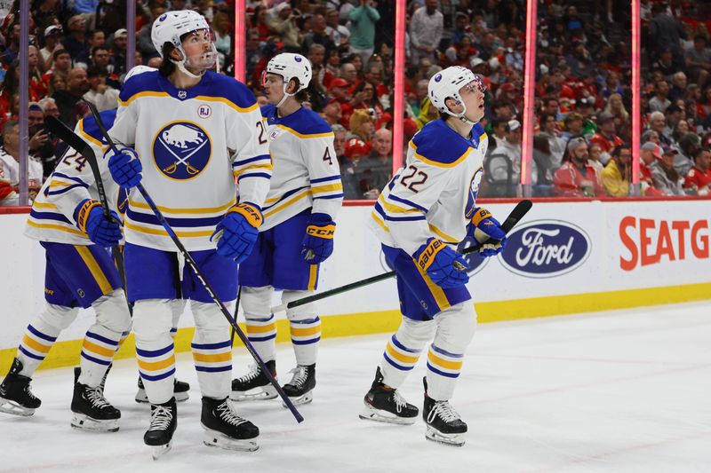 Apr 13, 2024; Sunrise, Florida, USA; Buffalo Sabres right wing Jack Quinn (22) reacts after scoring against the Florida Panthers during the first period at Amerant Bank Arena. Mandatory Credit: Sam Navarro-USA TODAY Sports