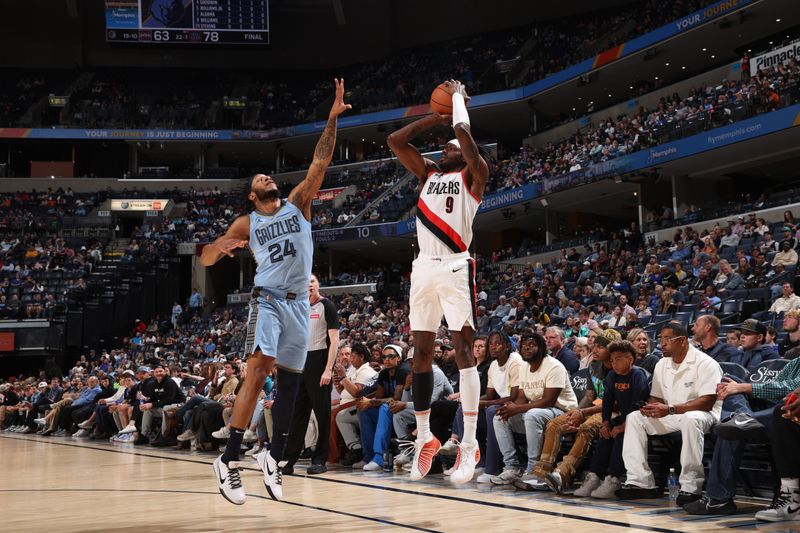 MEMPHIS, TN - MARCH 2: Jerami Grant #9 of the Portland Trail Blazers shoots a three point basket during the game against the Memphis Grizzlies on March 2, 2024 at FedExForum in Memphis, Tennessee. NOTE TO USER: User expressly acknowledges and agrees that, by downloading and or using this photograph, User is consenting to the terms and conditions of the Getty Images License Agreement. Mandatory Copyright Notice: Copyright 2024 NBAE (Photo by Joe Murphy/NBAE via Getty Images)