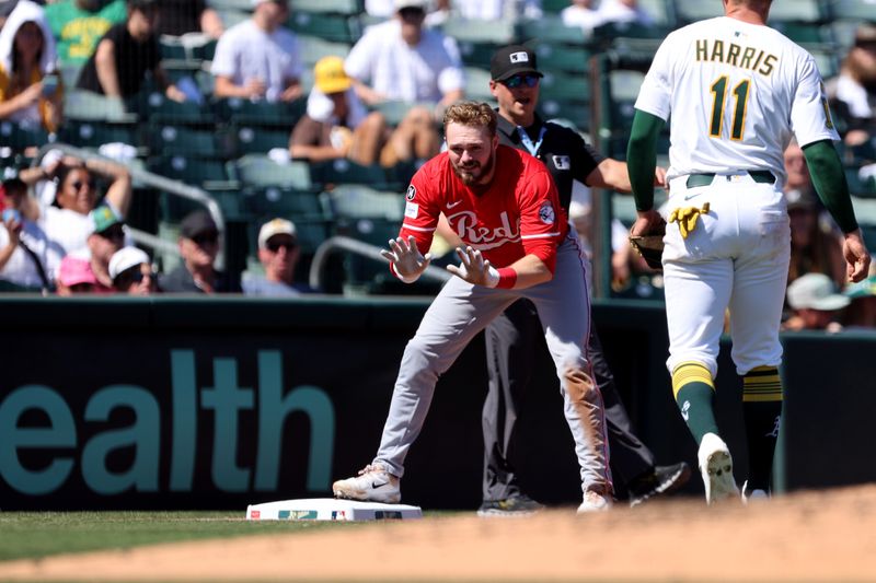Sep 14, 2025; West Sacramento, California, USA; Cincinnati Reds designated hitter Gavin Lux (2) reacts after hitting a triple against the Athletics during the fourth inning at Sutter Health Park. Mandatory Credit: Dennis Lee-Imagn Images