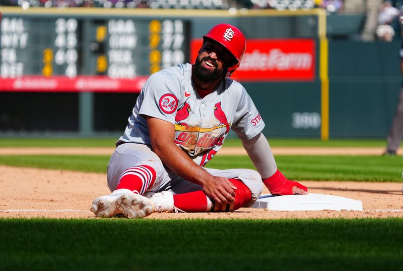 Sep 26, 2024; Denver, Colorado, USA; St. Louis Cardinals second base Jose Fermín (15) advances to third base in the sixth inning at Coors Field. Mandatory Credit: Ron Chenoy-Imagn Images