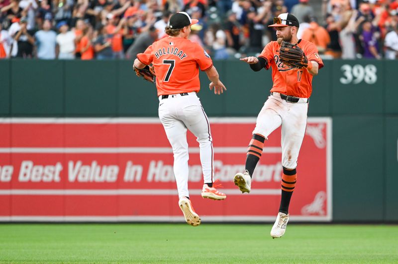 Aug 24, 2024; Baltimore, Maryland, USA; Baltimore Orioles second baseman Jackson Holliday (7) celebrates with outfielder Colton Cowser (17) after the game against the Houston Astros  at Oriole Park at Camden Yards. Mandatory Credit: Tommy Gilligan-USA TODAY Sports