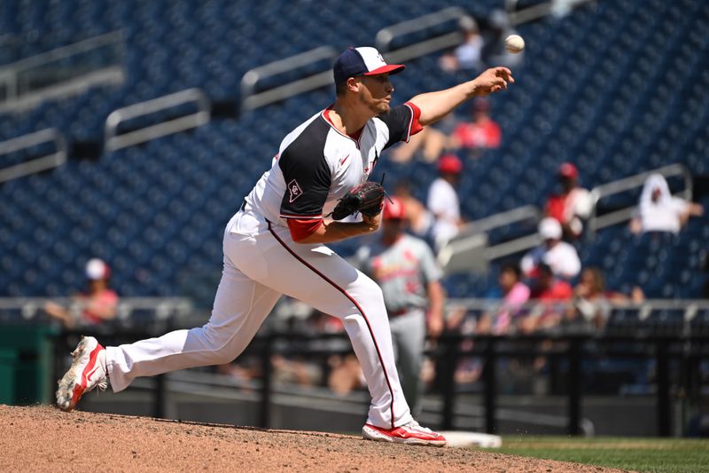 Jul 7, 2024; Washington, District of Columbia, USA; Washington Nationals relief pitcher Robert Garcia (61) throws a pitch against the St. Louis Cardinals during the fifth inning at Nationals Park. Mandatory Credit: Rafael Suanes-USA TODAY Sports