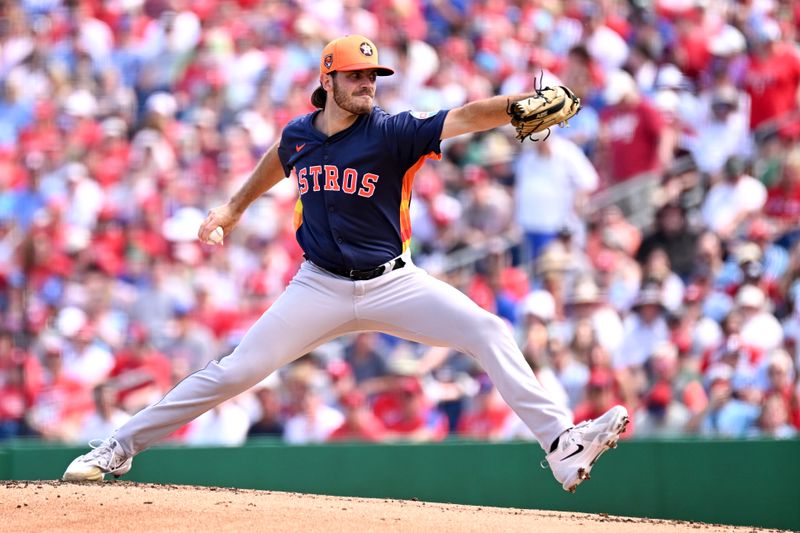 Mar 8, 2024; Clearwater, Florida, USA; Houston Astros pitcher Spencer Arrighetti (75) throws a pitch in the first inning of the spring training game against the Philadelphia Phillies at BayCare Ballpark. Mandatory Credit: Jonathan Dyer-USA TODAY Sports